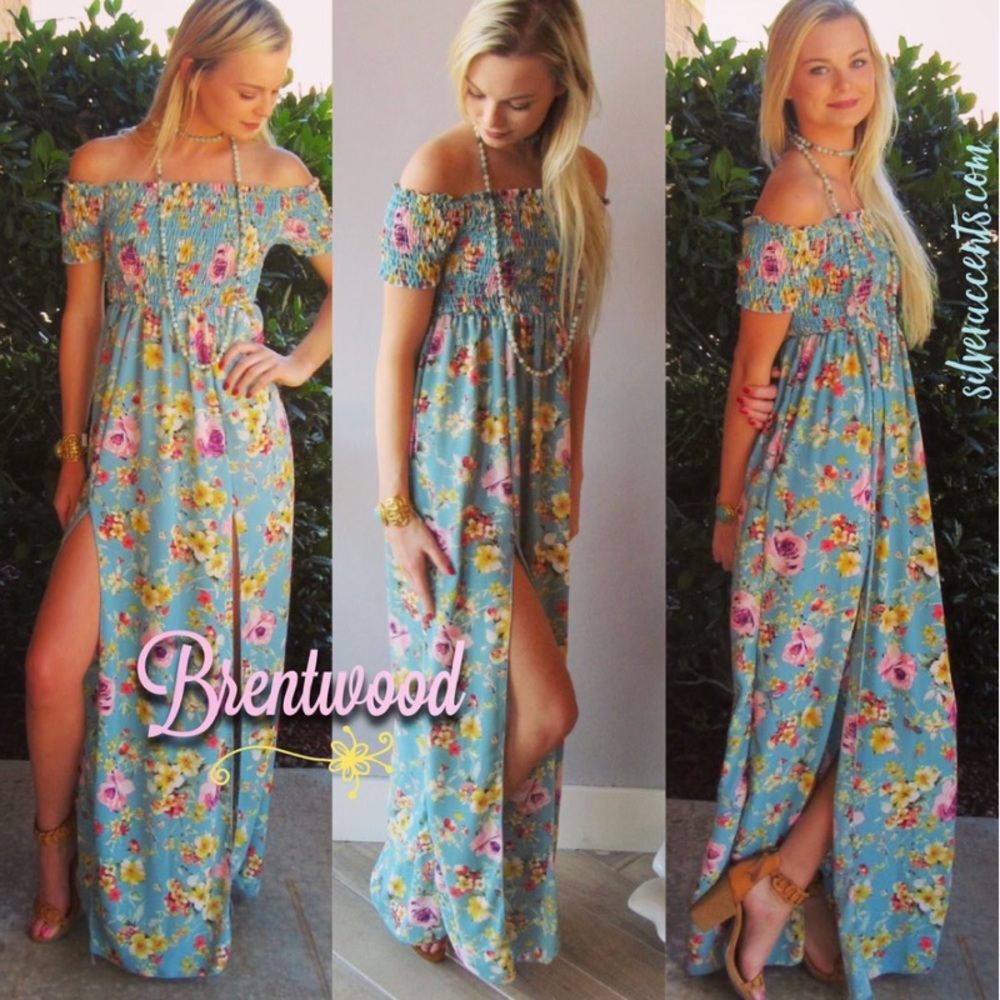 Maxi Double slit Smocked off the shoulder Dress